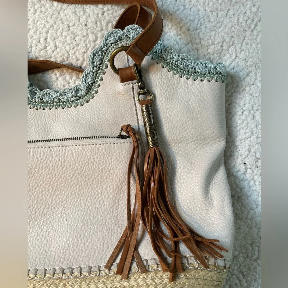 The Sak Vintage Cream and Tan Tote with Brown Handles and Tassels - Picture 3 of 16